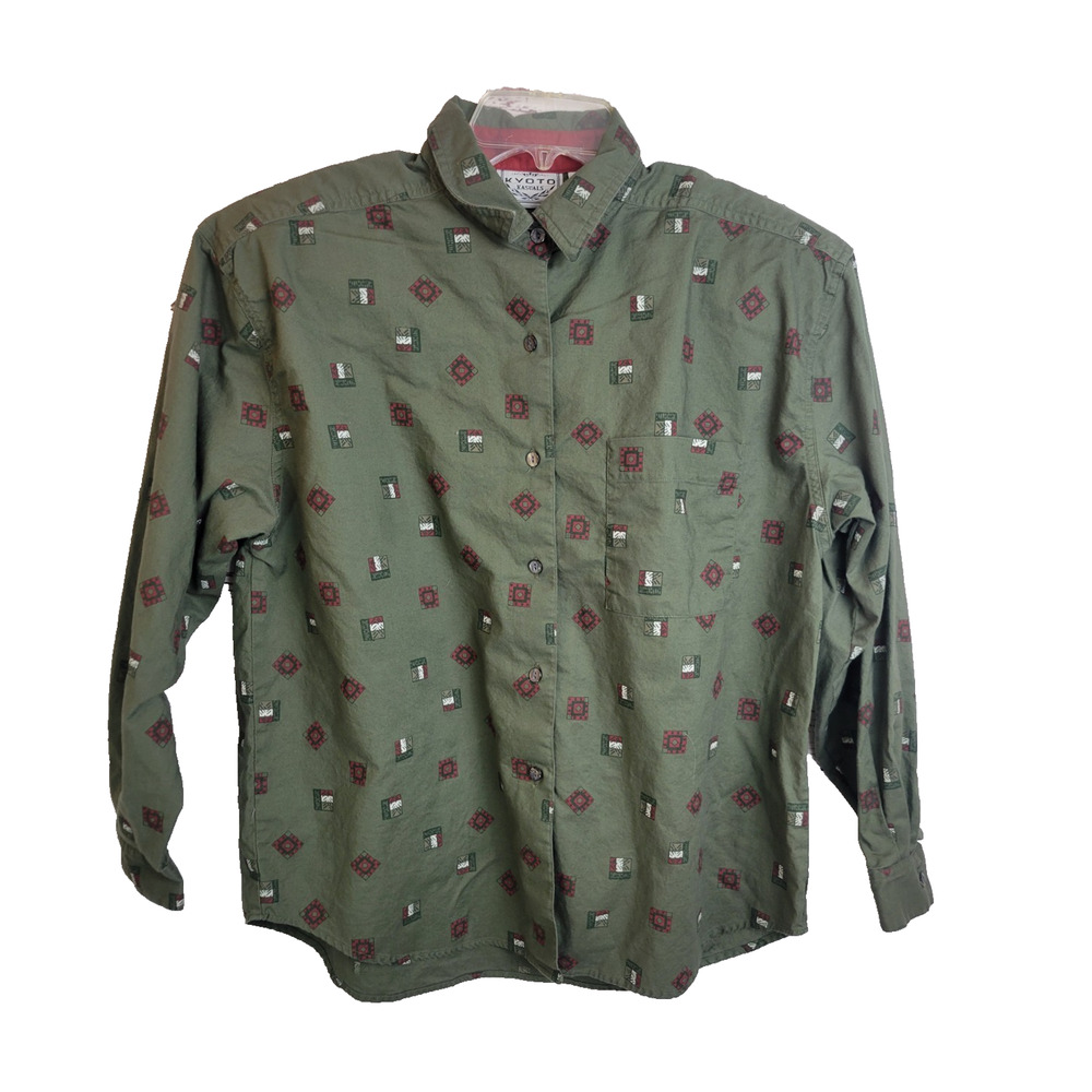 VTG Kyoto Button Down Shirt Green Geometric Pocket Long‎ Sleeve Men's Size Large